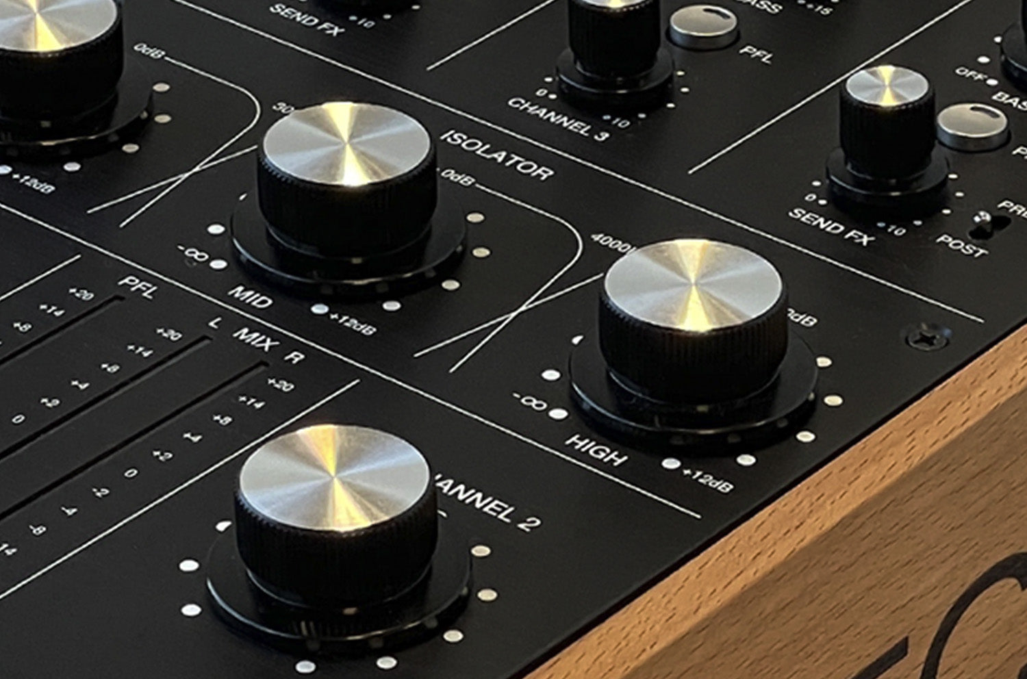 Close up of the Ecler Warm2 DJ mixer