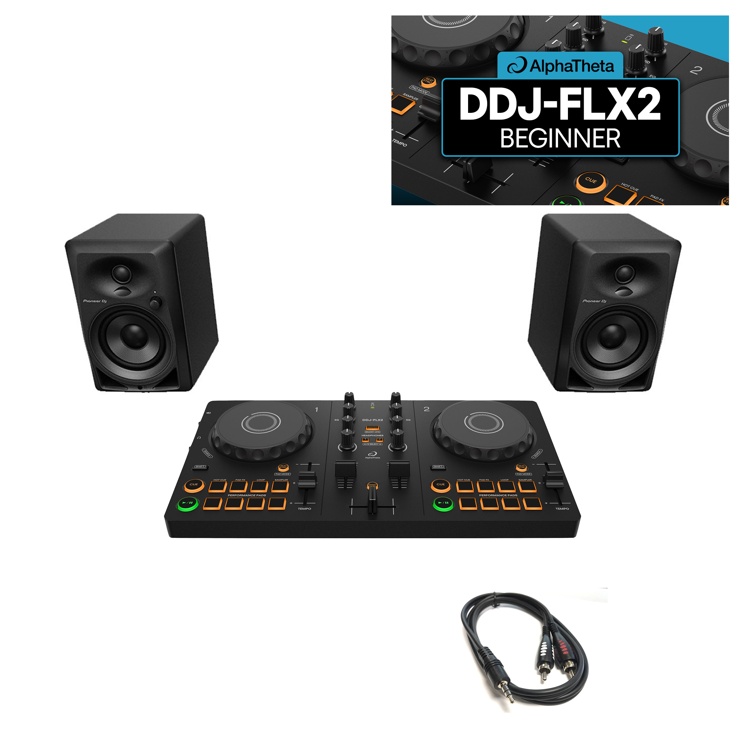 AlphaTheta DDJ-FLX2 + DM40D + Crossfader Beginner Course Bundle