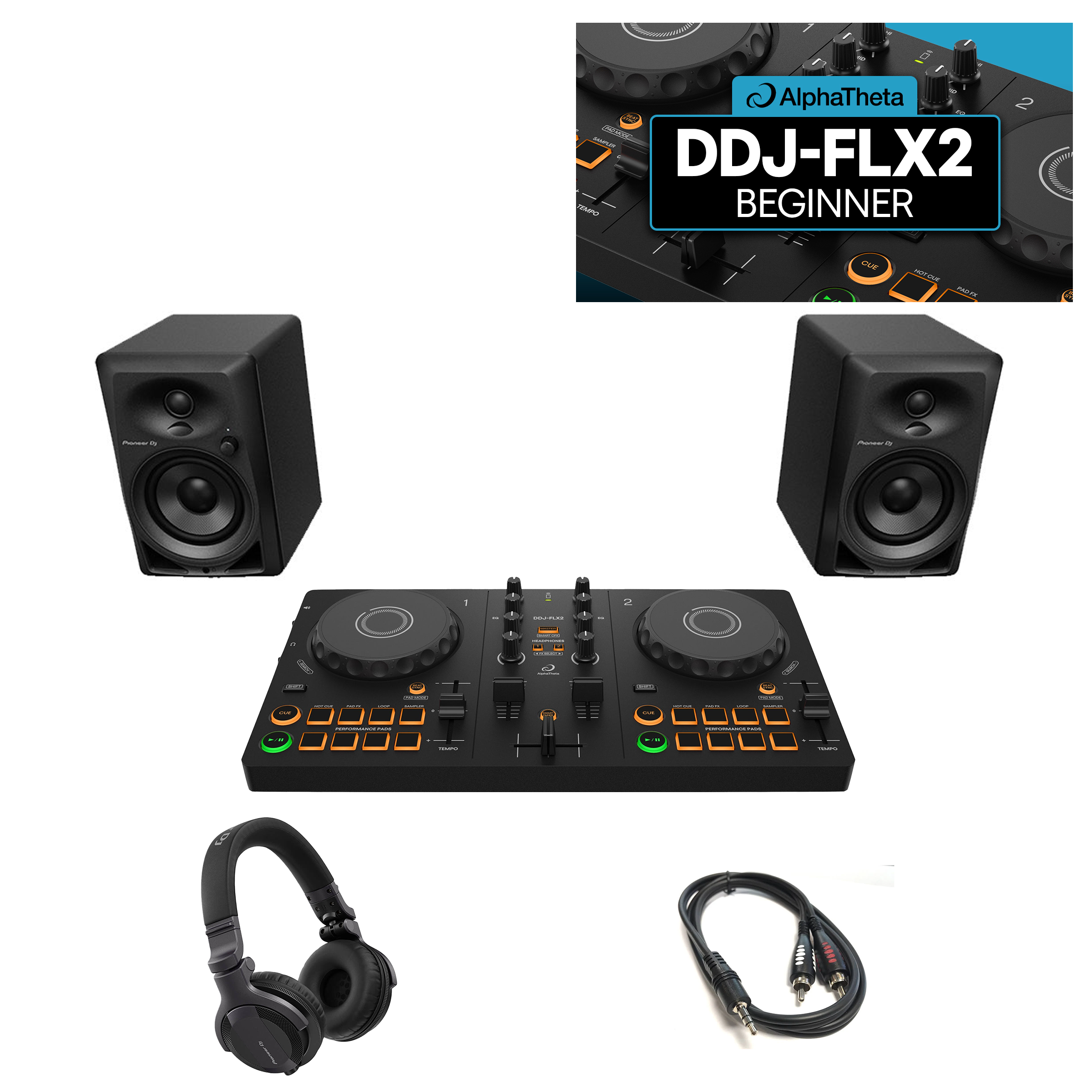 AlphaTheta DDJ-FLX2 + DM40D + HDJ-CUE1 + Crossfader Beginner Course Bundle