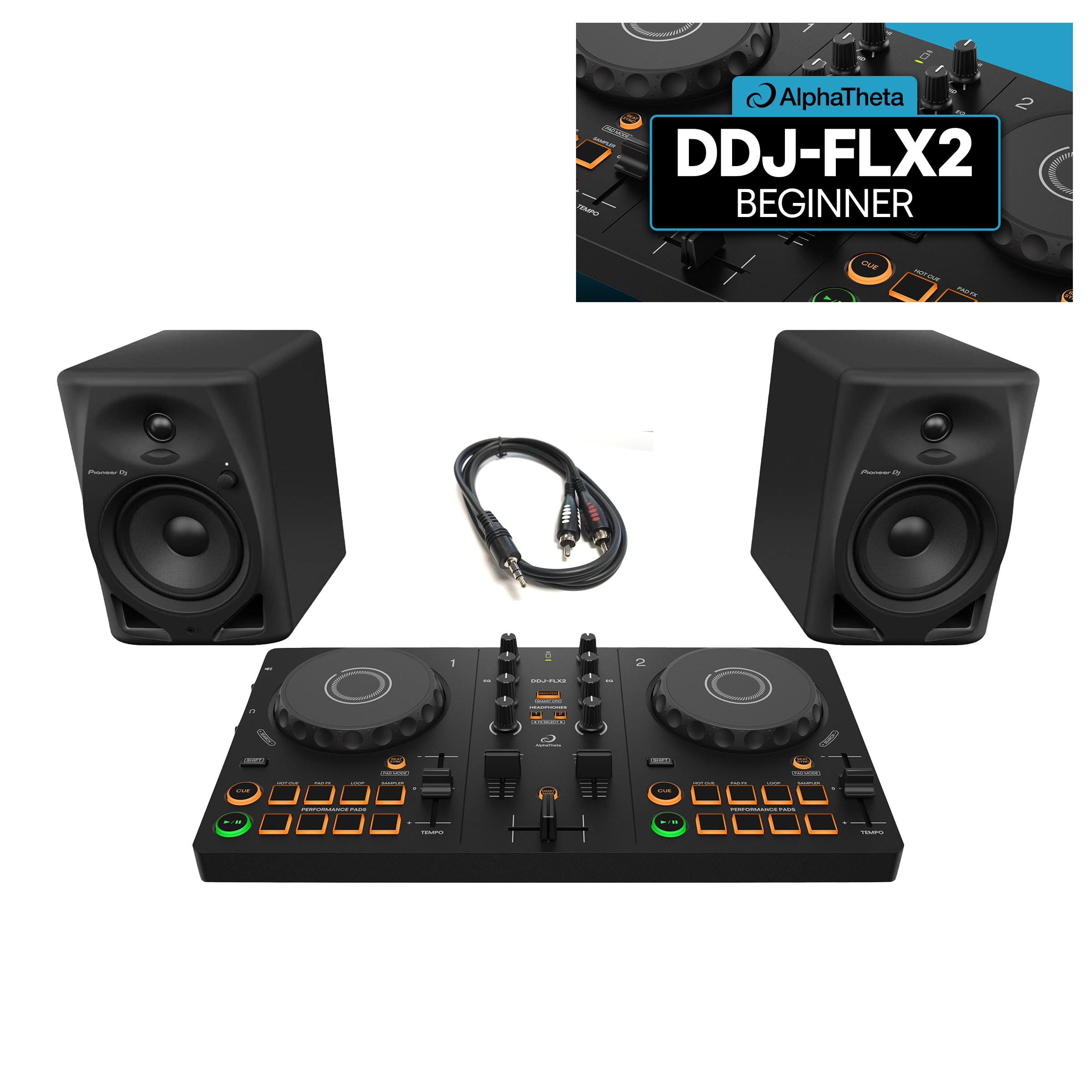 AlphaTheta DDJ-FLX2 + DM50D + Crossfader Beginner Course Bundle