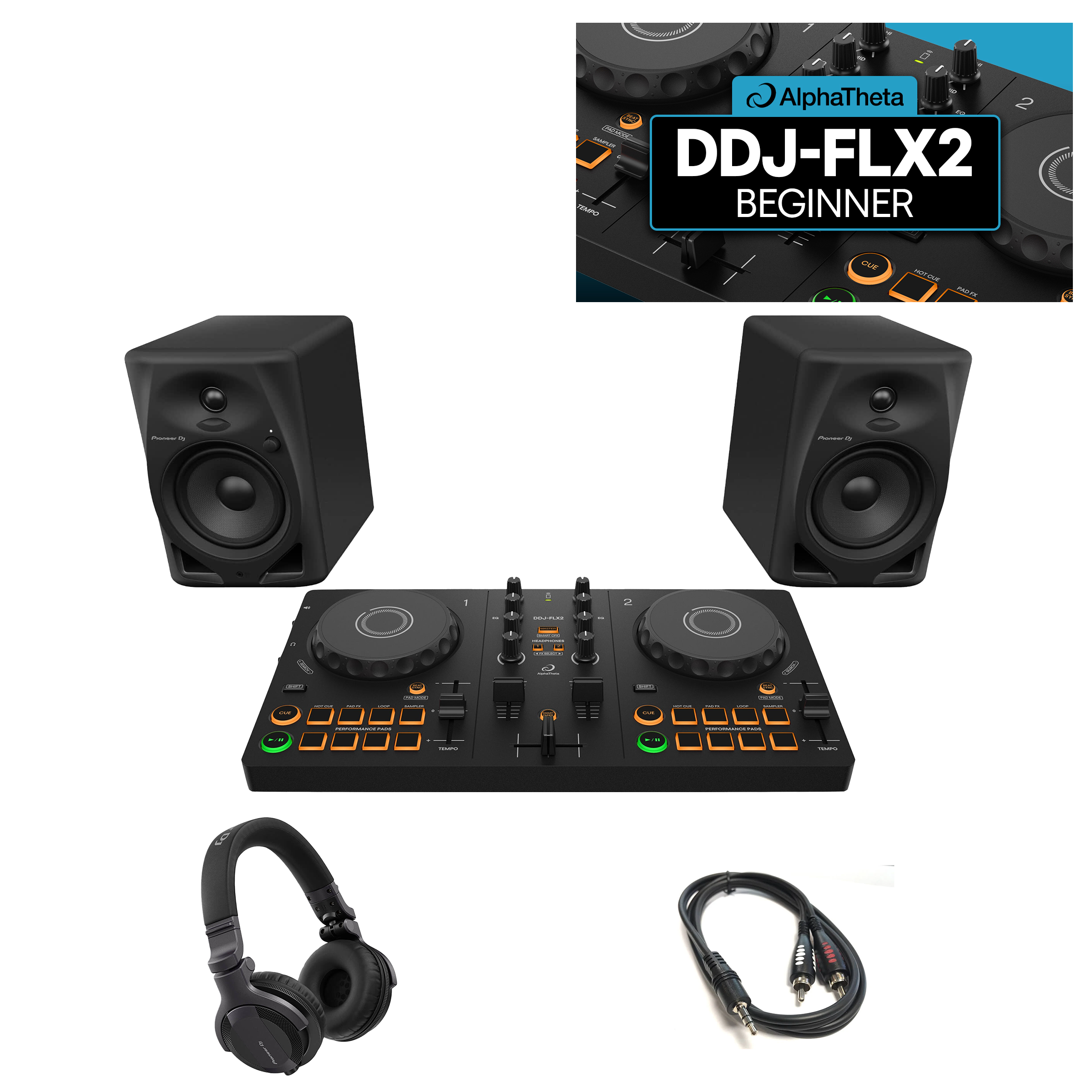 AlphaTheta DDJ-FLX2 + DM50D + HDJ-CUE1 + Crossfader Beginner Course Bundle