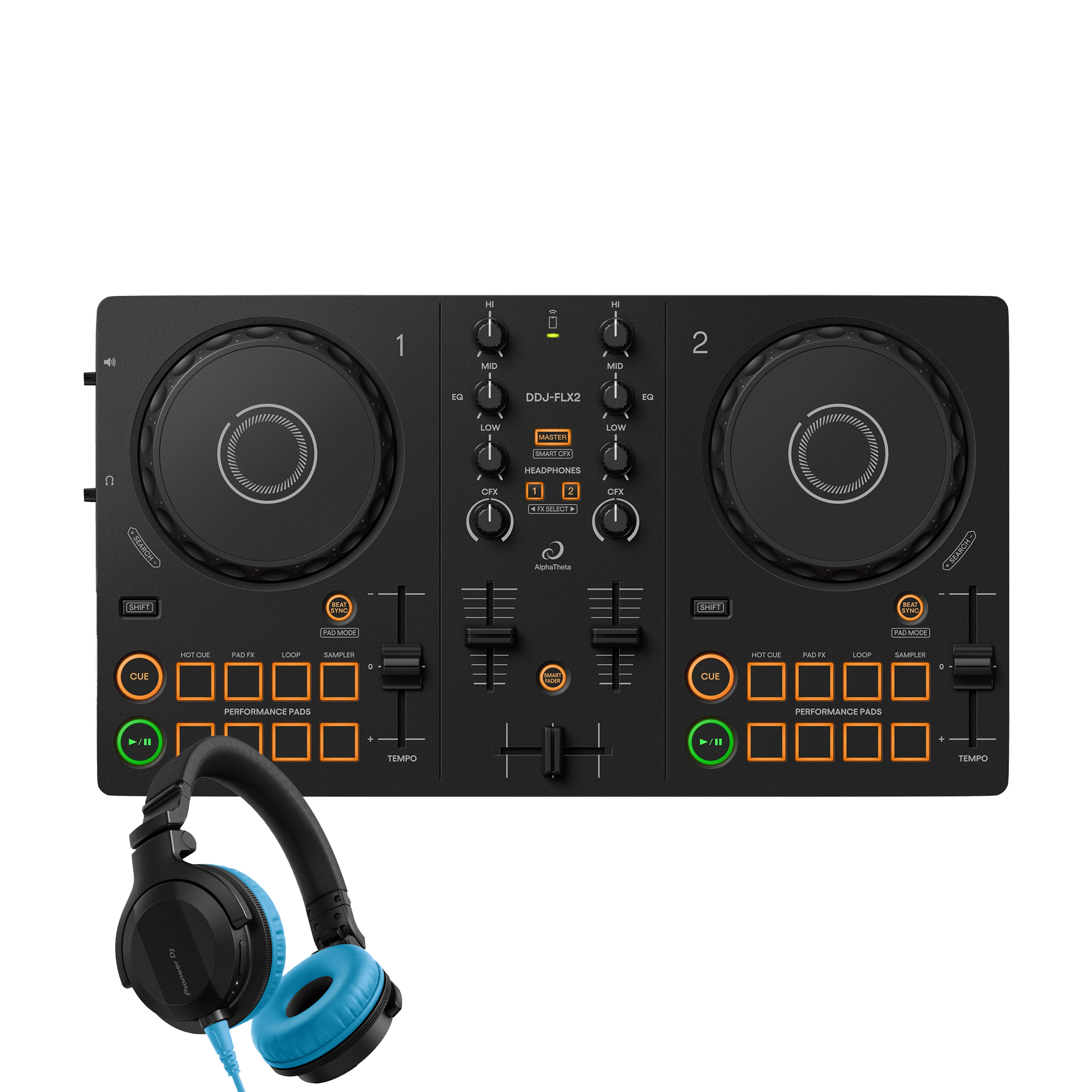 AlphaTheta DDJ-FLX2 + HDJ-CUE1 Blue Bundle