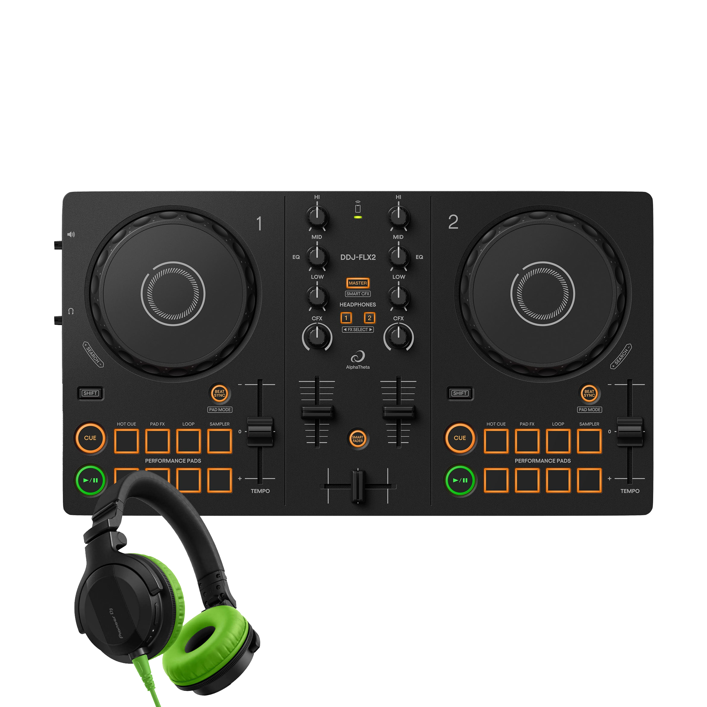 AlphaTheta DDJ-FLX2 + HDJ-CUE1 Green Bundle