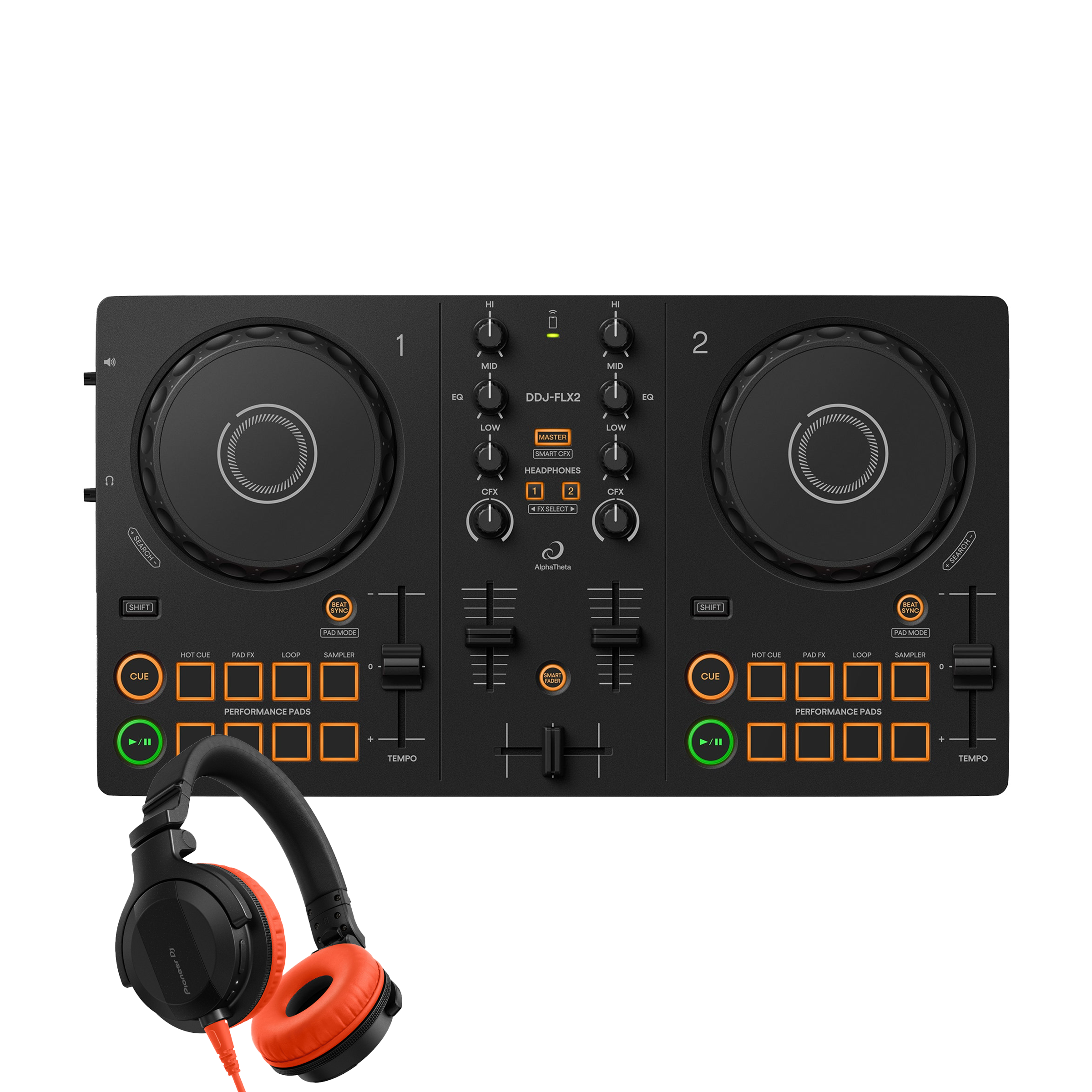 AlphaTheta DDJ-FLX2 + HDJ-CUE1 Orange Bundle