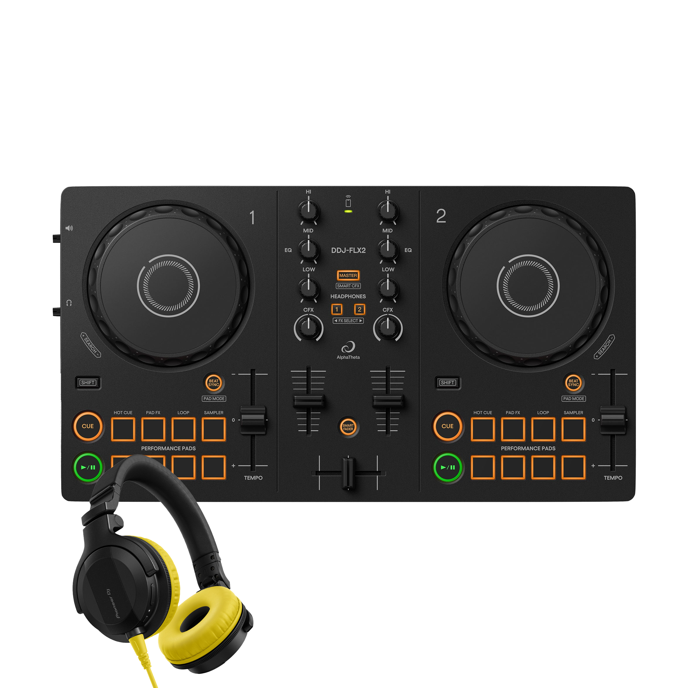 AlphaTheta DDJ-FLX2 + HDJ-CUE1 Yellow Bundle