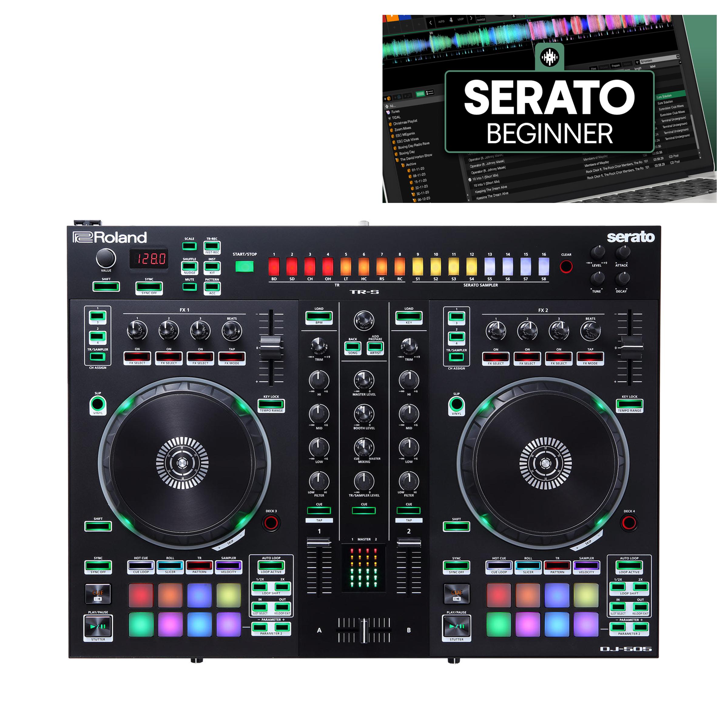 Roland DJ-505 + Crossfader Beginner Course Bundle