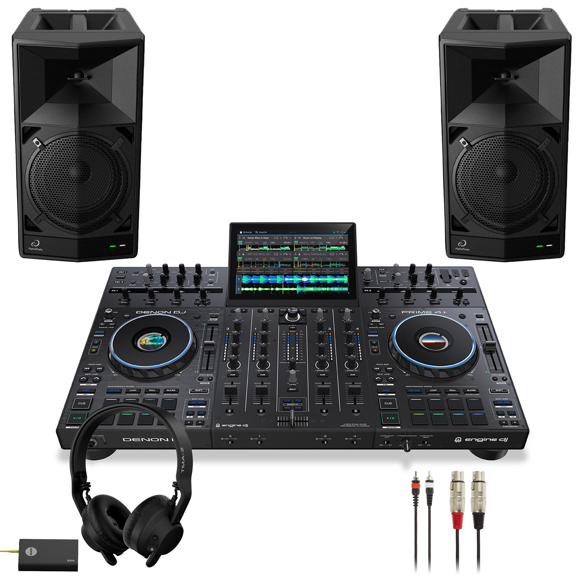 Denon DJ PRIME 4+ WAVE-EIGHT Pair + TMA-2 DJ Wireless Bundle