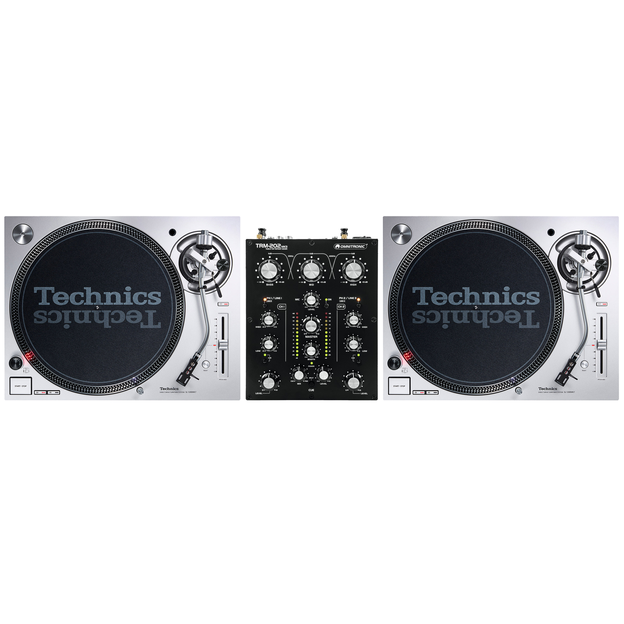 Technics SL1200 MK7 Pair + Omnitronic TRM-202MK3 Bundle