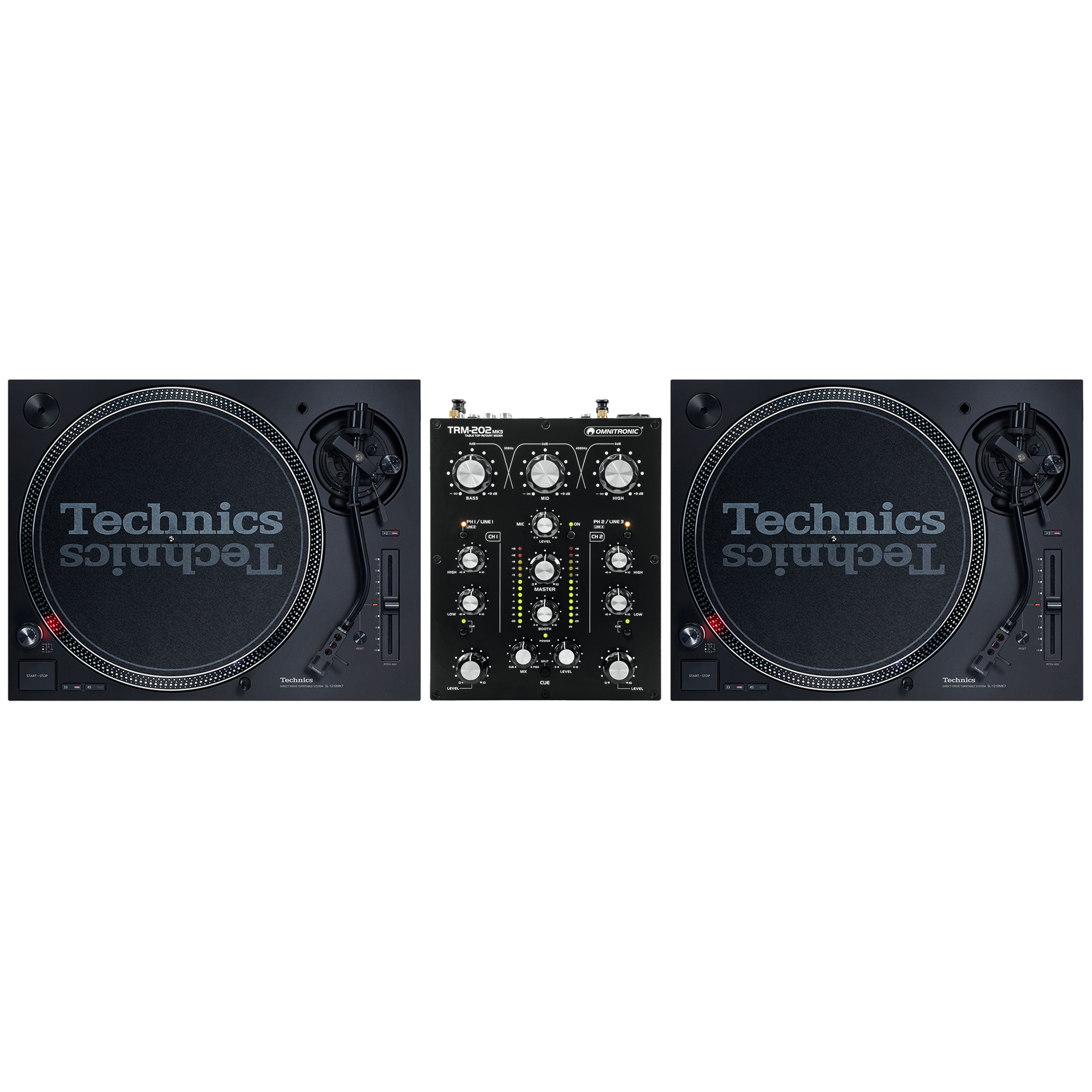 Technics SL1210 MK7 Pair + Omnitronic TRM-202MK3 Bundle