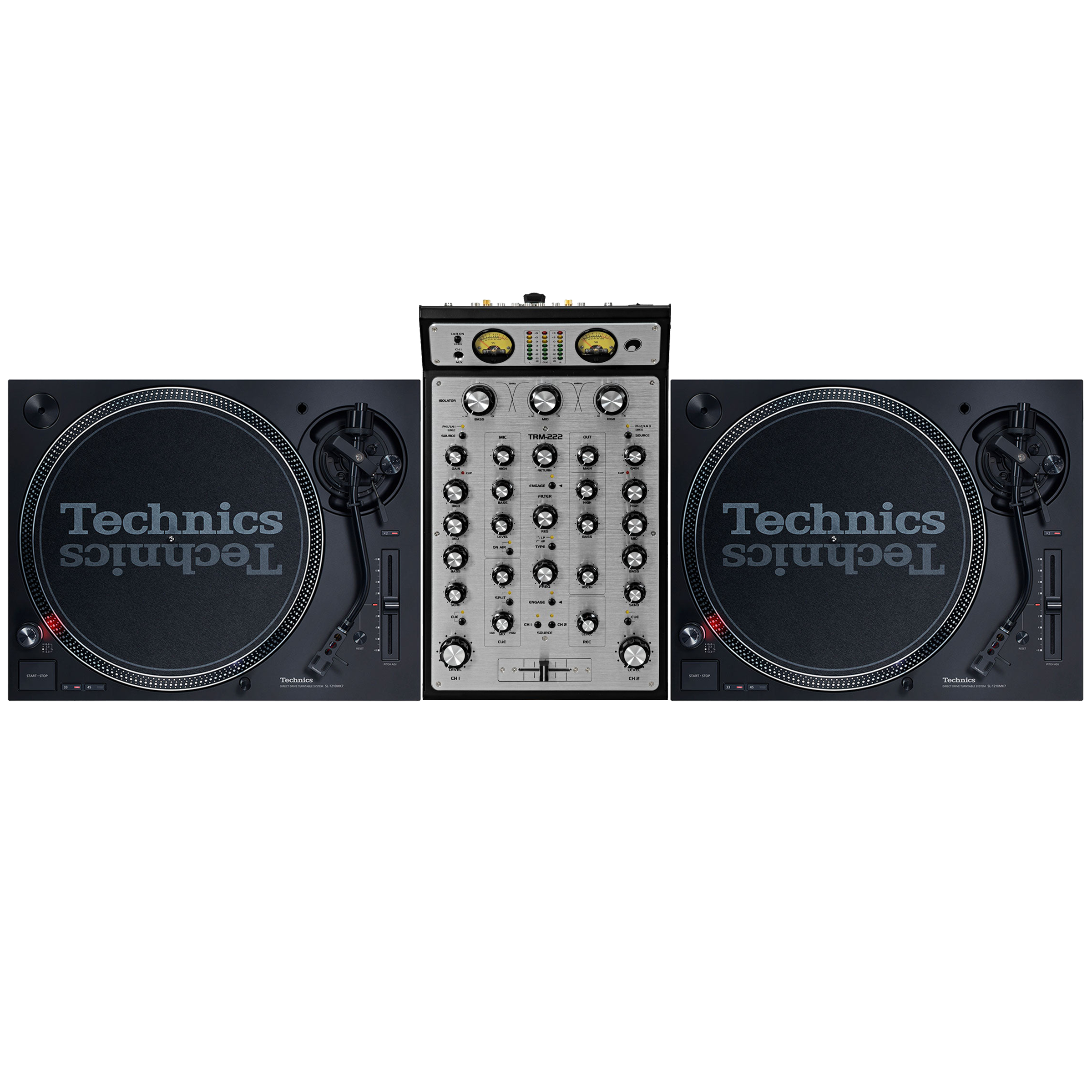 Technics SL1210 MK7 Pair + Omnitronic TRM-222 Bundle