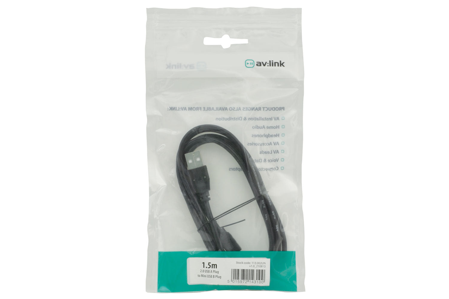 AV:LINK USB 2.0 Type A Plug to Mini Type B Plug 5Pin Leads (113002)