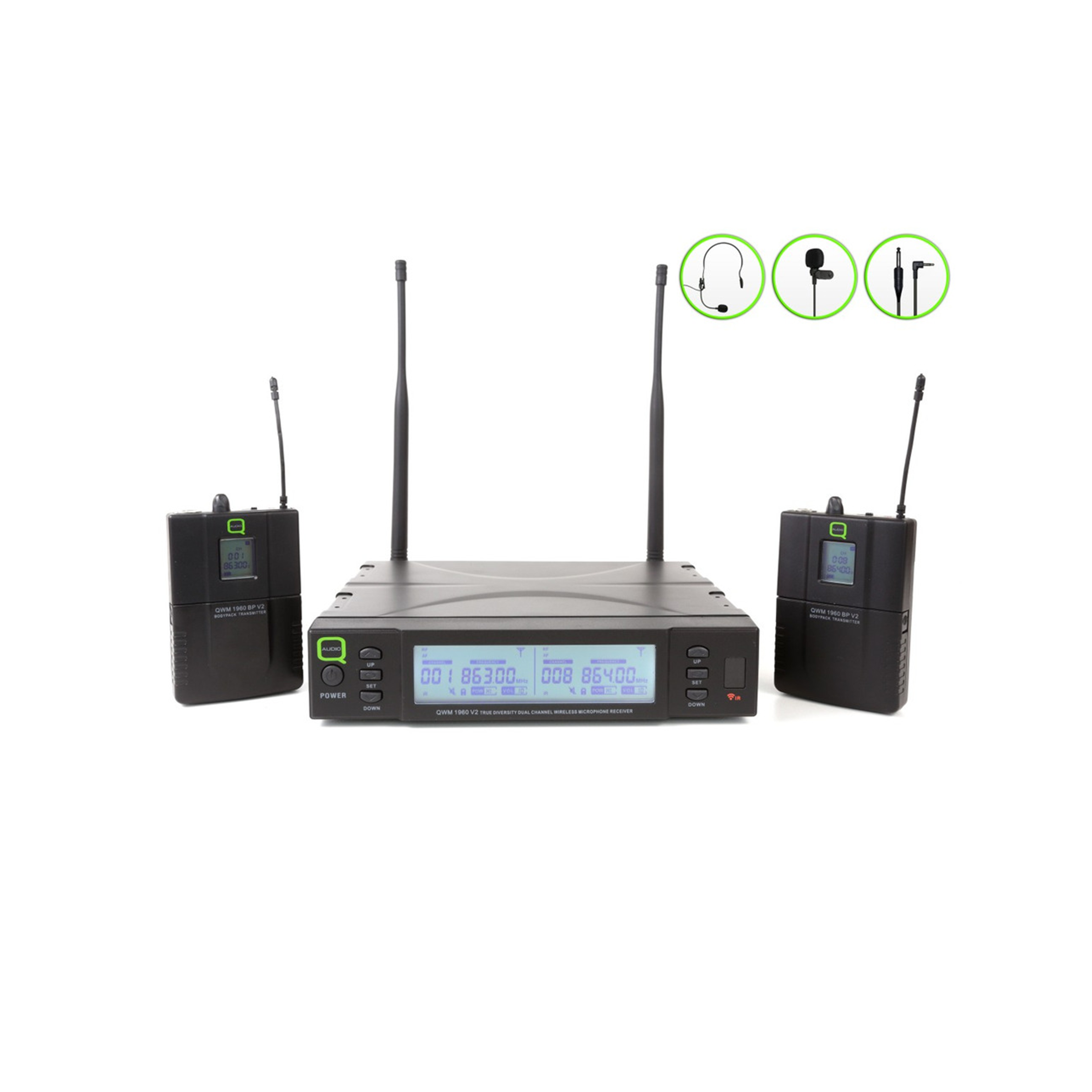 Q-AUDIO QWM 1960 BP V2 (863-865Hz) UHF Dual Channel True Diversity BP Wireless Mic System
