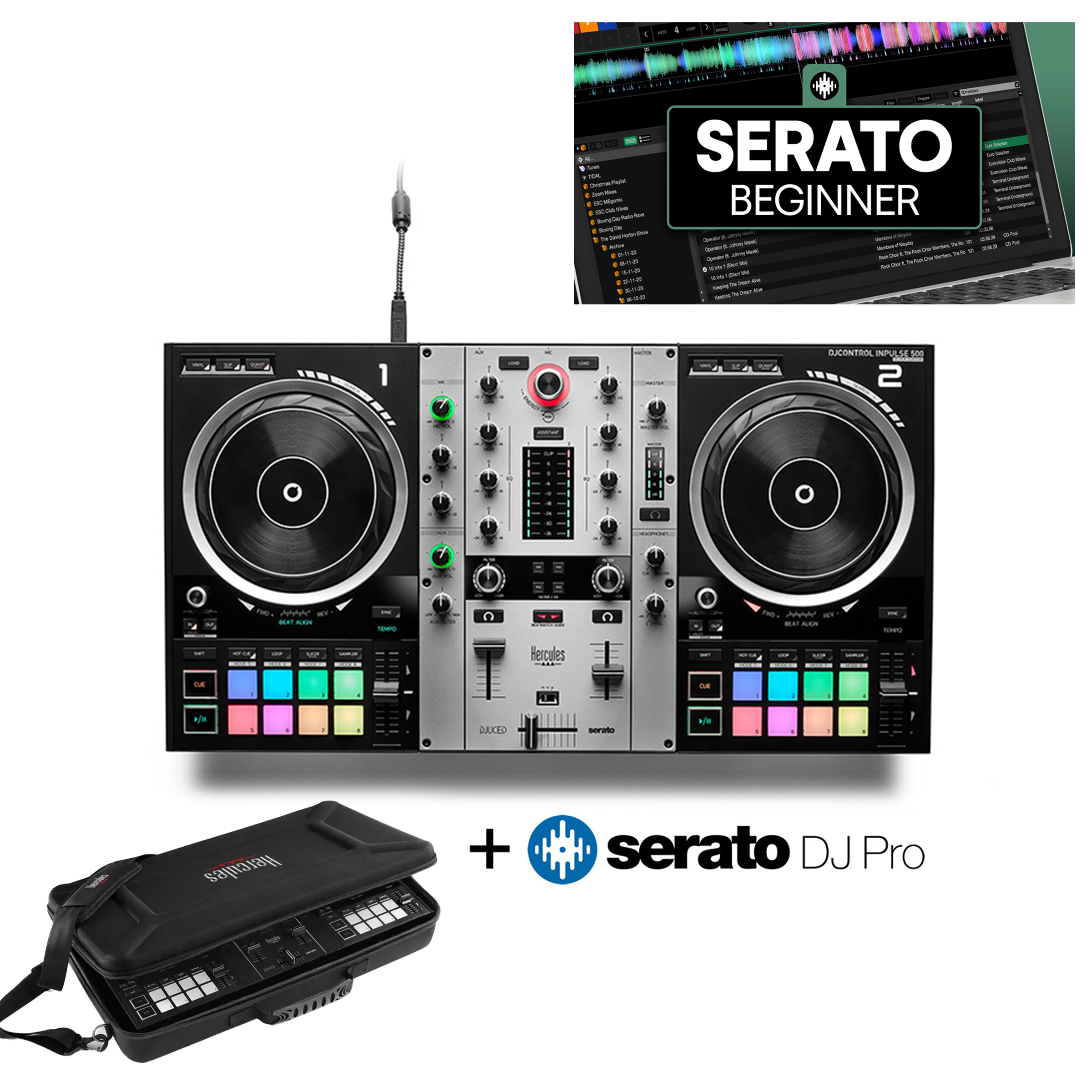 Hercules Inpulse 500 Serato DJ Pro Edition + Crossfader Beginner Course Bundle