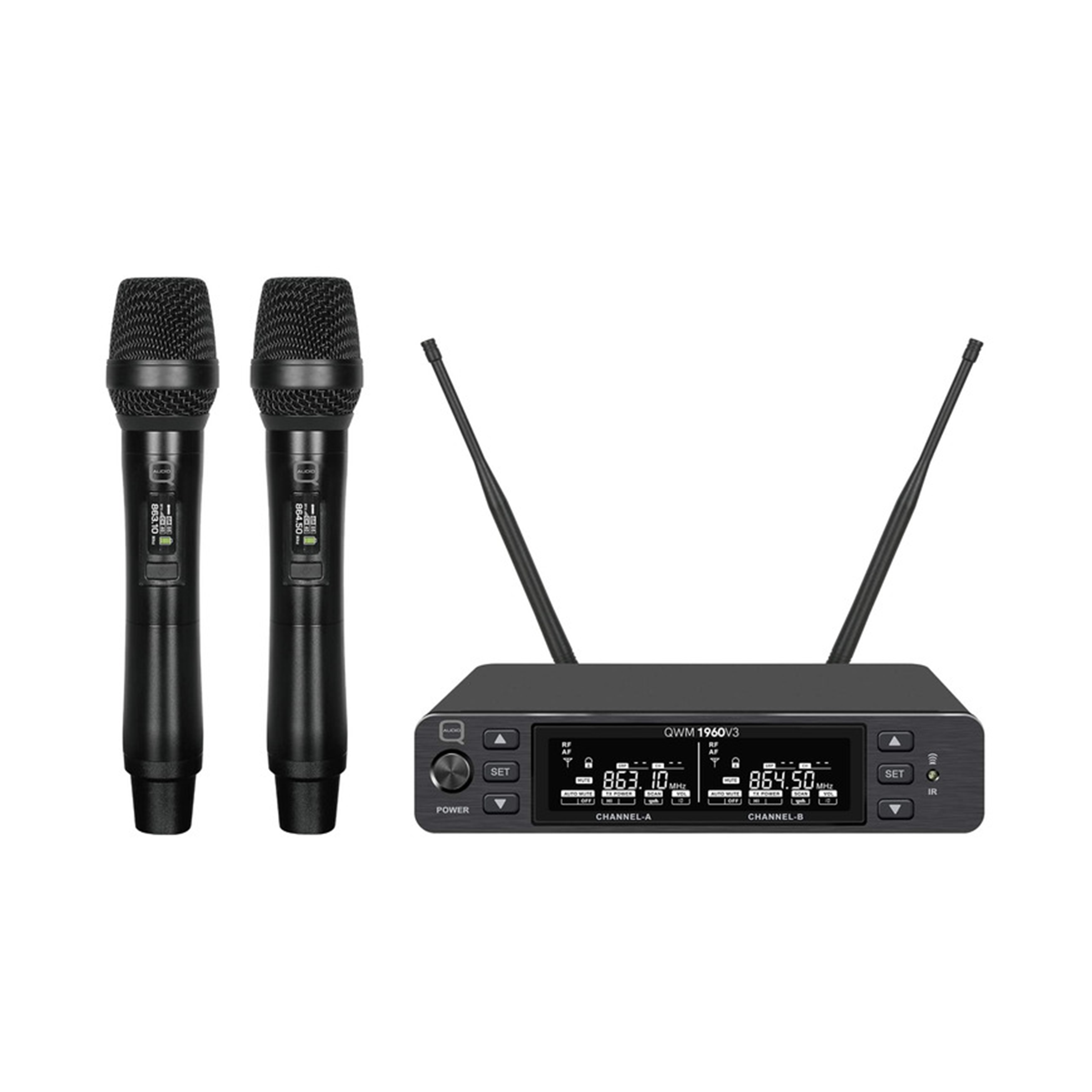 Q-AUDIO QWM1960 V3 HH UHF Dual Channel True Diversity Dual Handheld Wireless Mic System