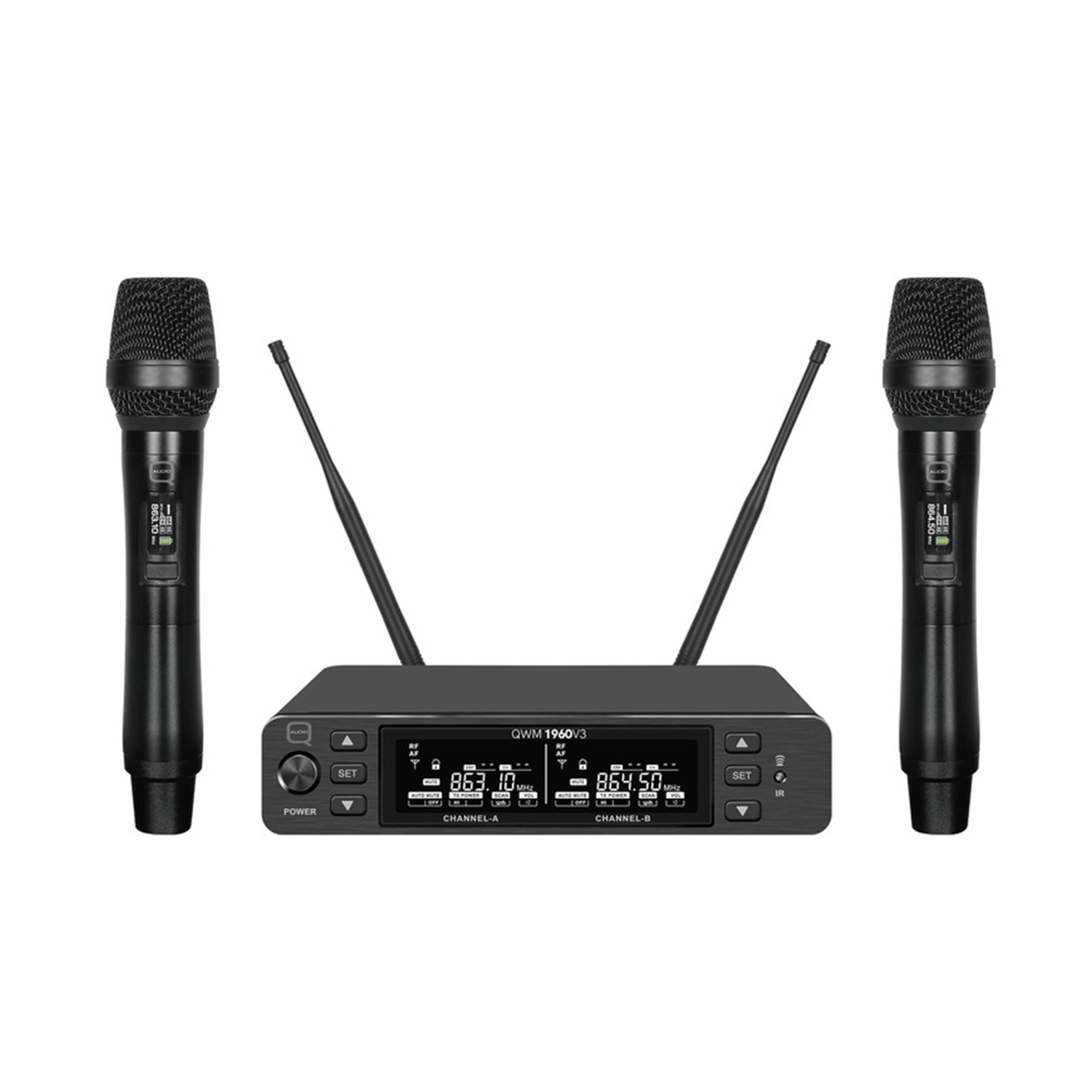Q-AUDIO QWM1960 V3 HH UHF Dual Channel True Diversity Dual Handheld Wireless Mic System