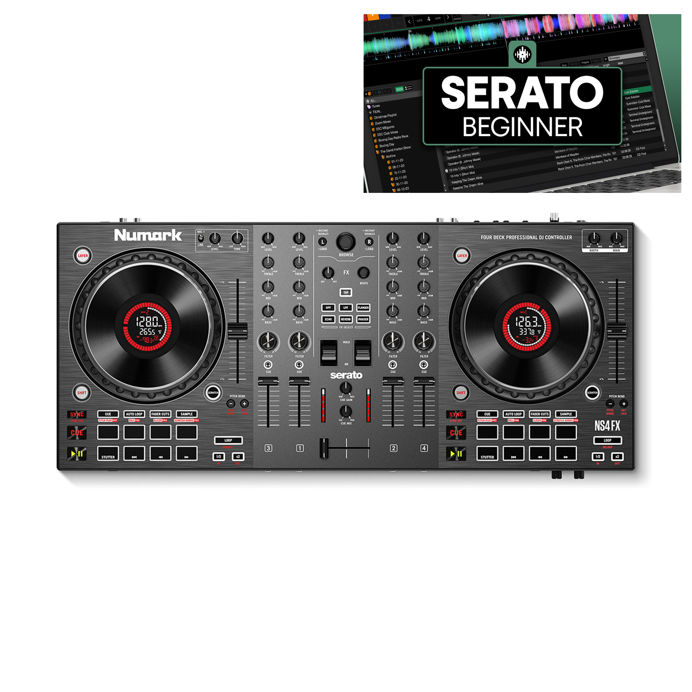 Numark NS4FX + Crossfader Beginner Course Bundle