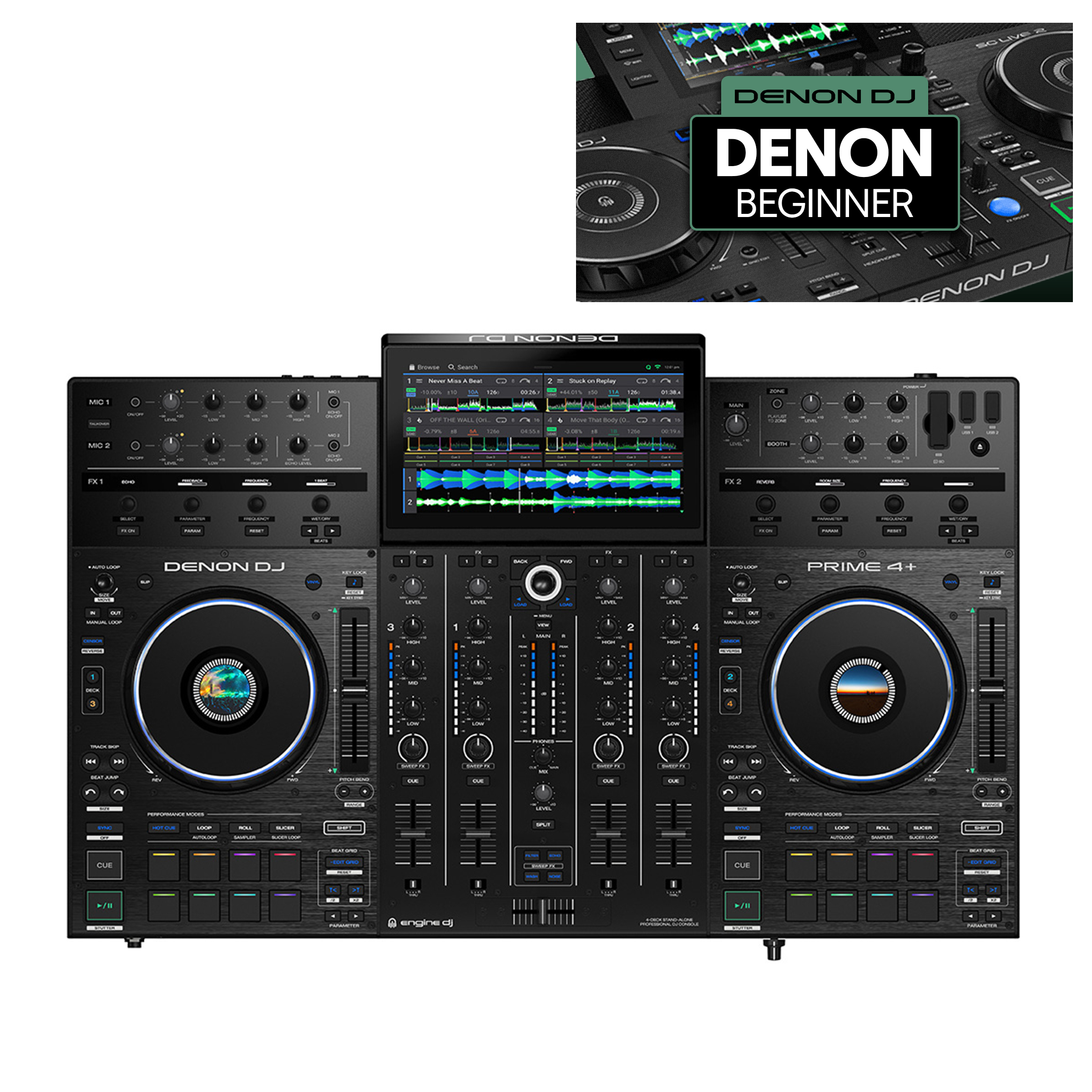 Denon DJ PRIME 4+ + Crossfader Beginner Course Bundle