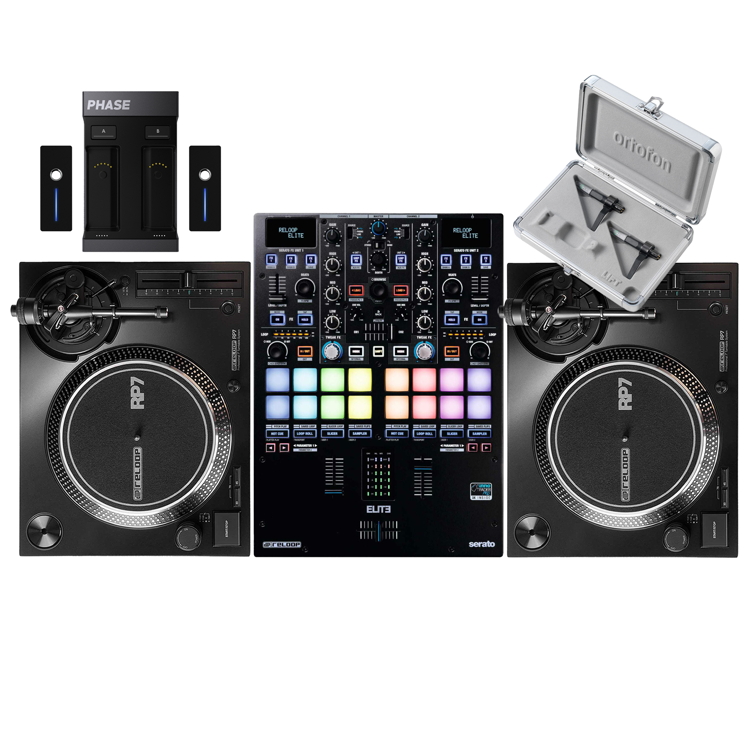 Reloop RP-7 Pair + Elite + Phase Essential Battle DVS Bundle (with carts)