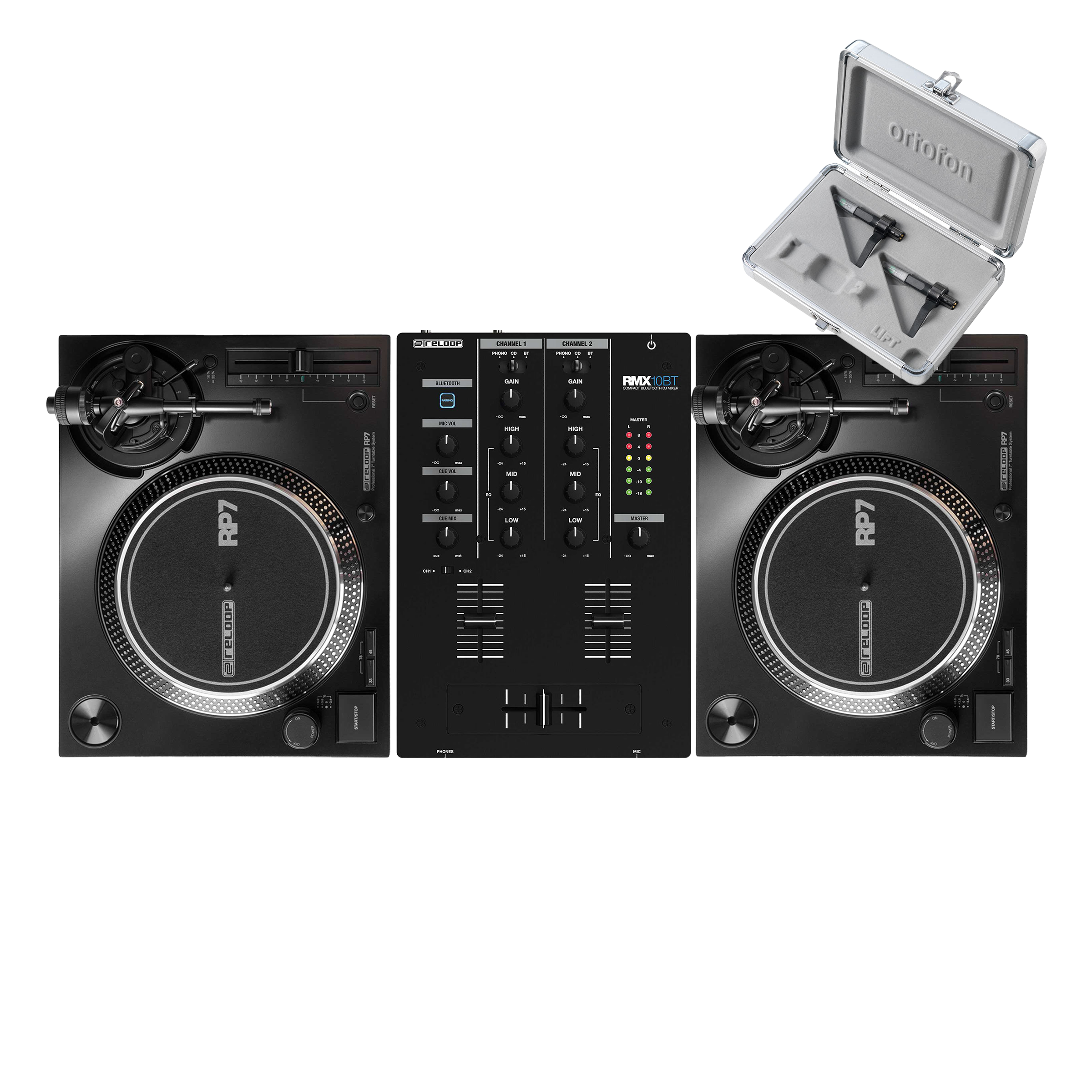 Reloop RP-7 Pair + RMX-10 BT Mixer with Cartridges Bundle