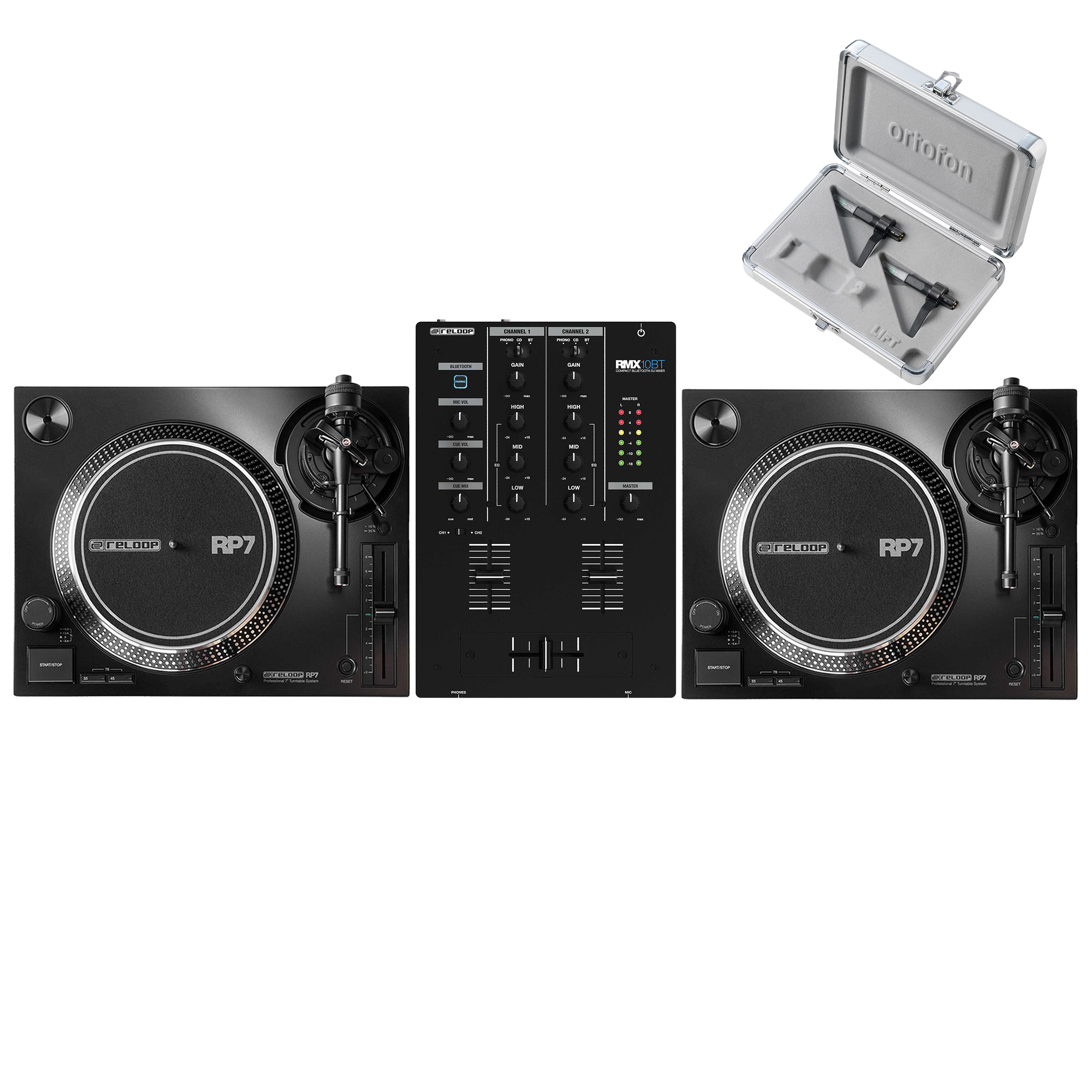 Reloop RP-7 Pair + RMX-10 BT Mixer with Cartridges Bundle
