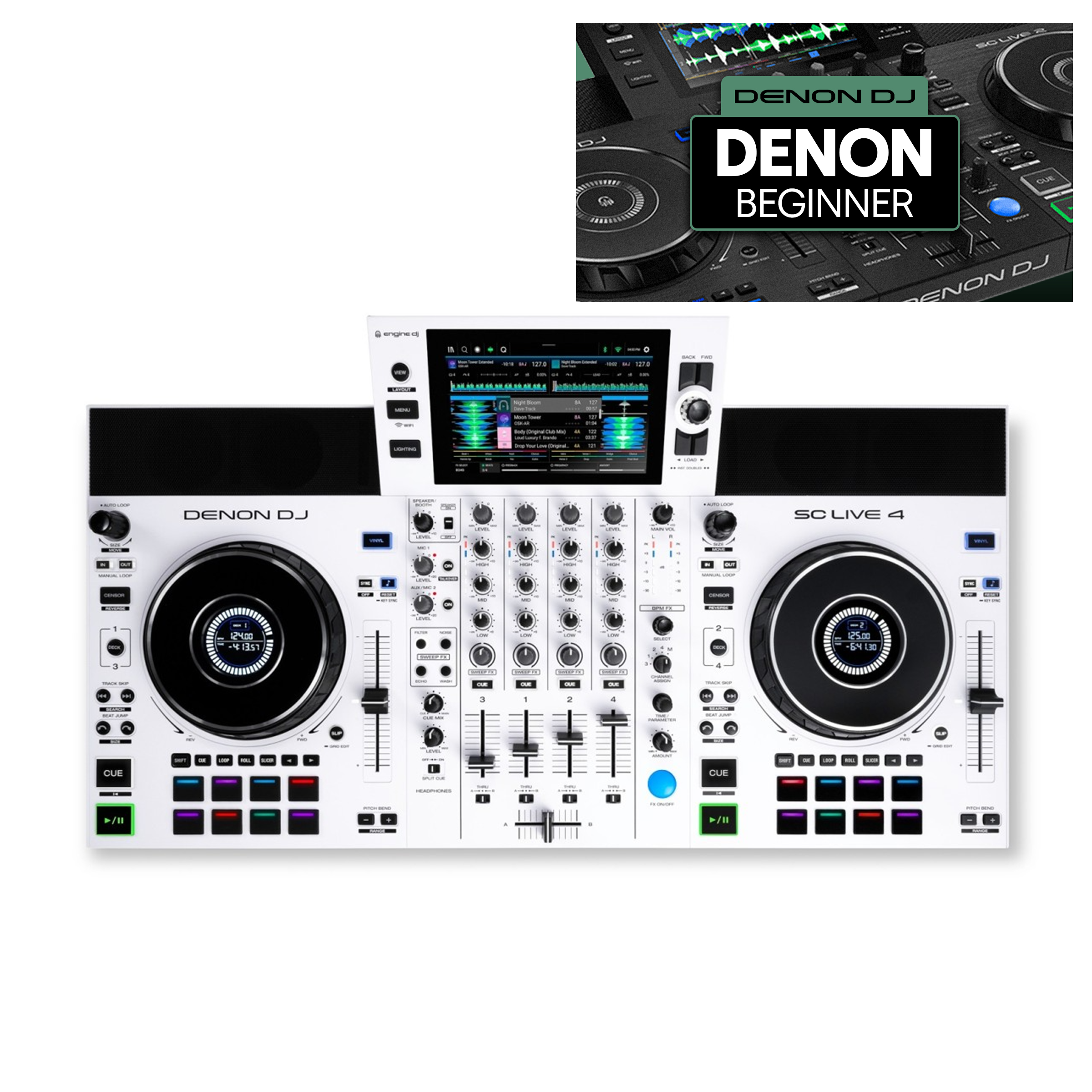 Denon DJ SC LIVE 4 White + Crossfader Beginner Course Bundle