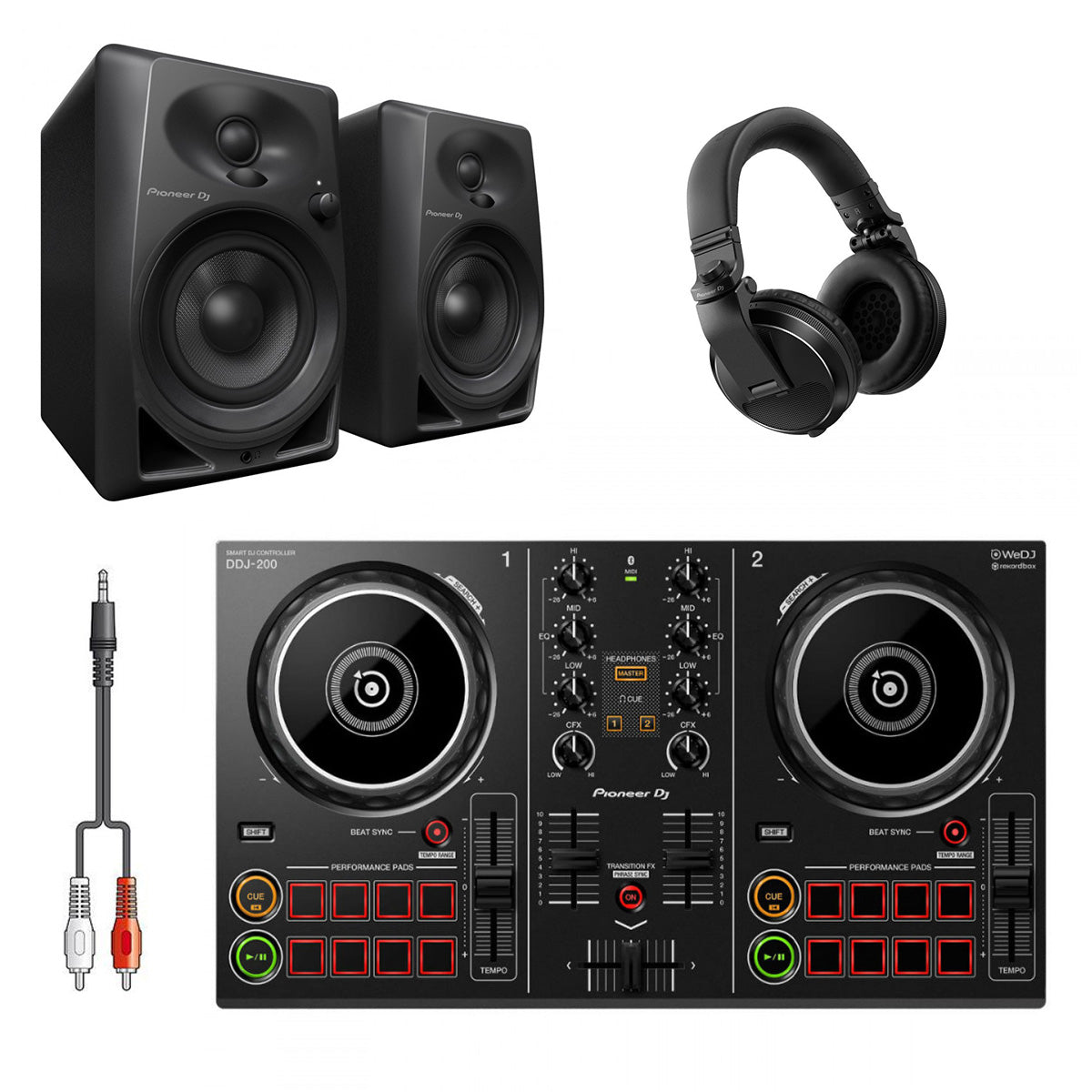 Pioneer DDJ-200 DJ Package with DM40D Monitors, HDJ-X5 Headphones & Cable